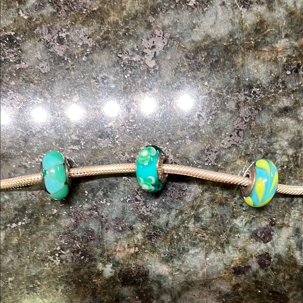 Pandora Three Turquoise, White, and Yellow Glass Beads (Bracelet Not Included)